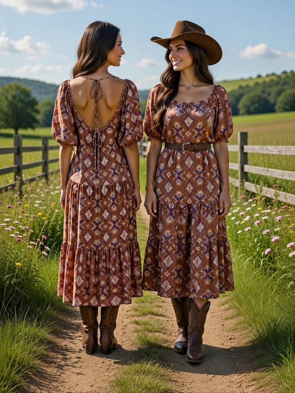Boho Chic Terracotta Flowy Ikat Midi Dress Puff Sleeves Open Back Tie Ruffles